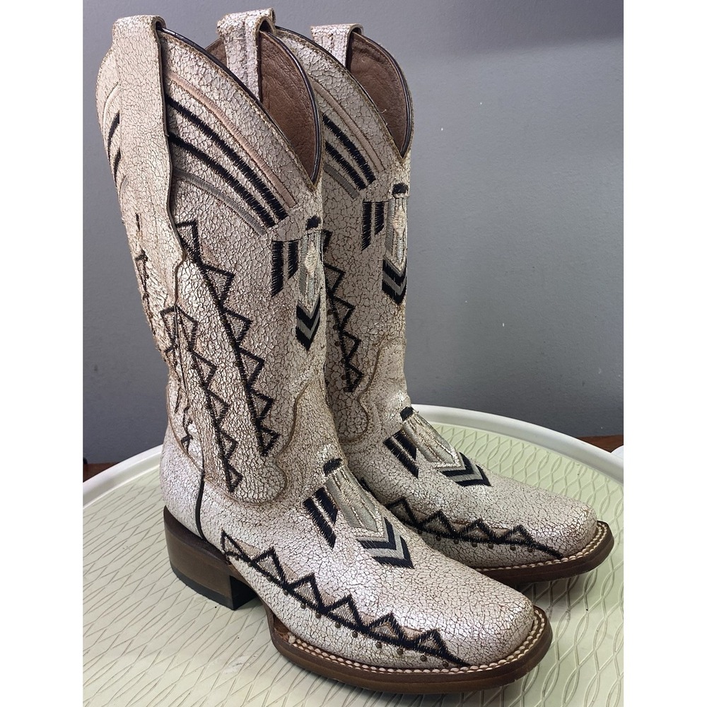 Circle G Women Leather White&Black Distressed‎ Cowgirl Boots Western Cowboy 5.5M